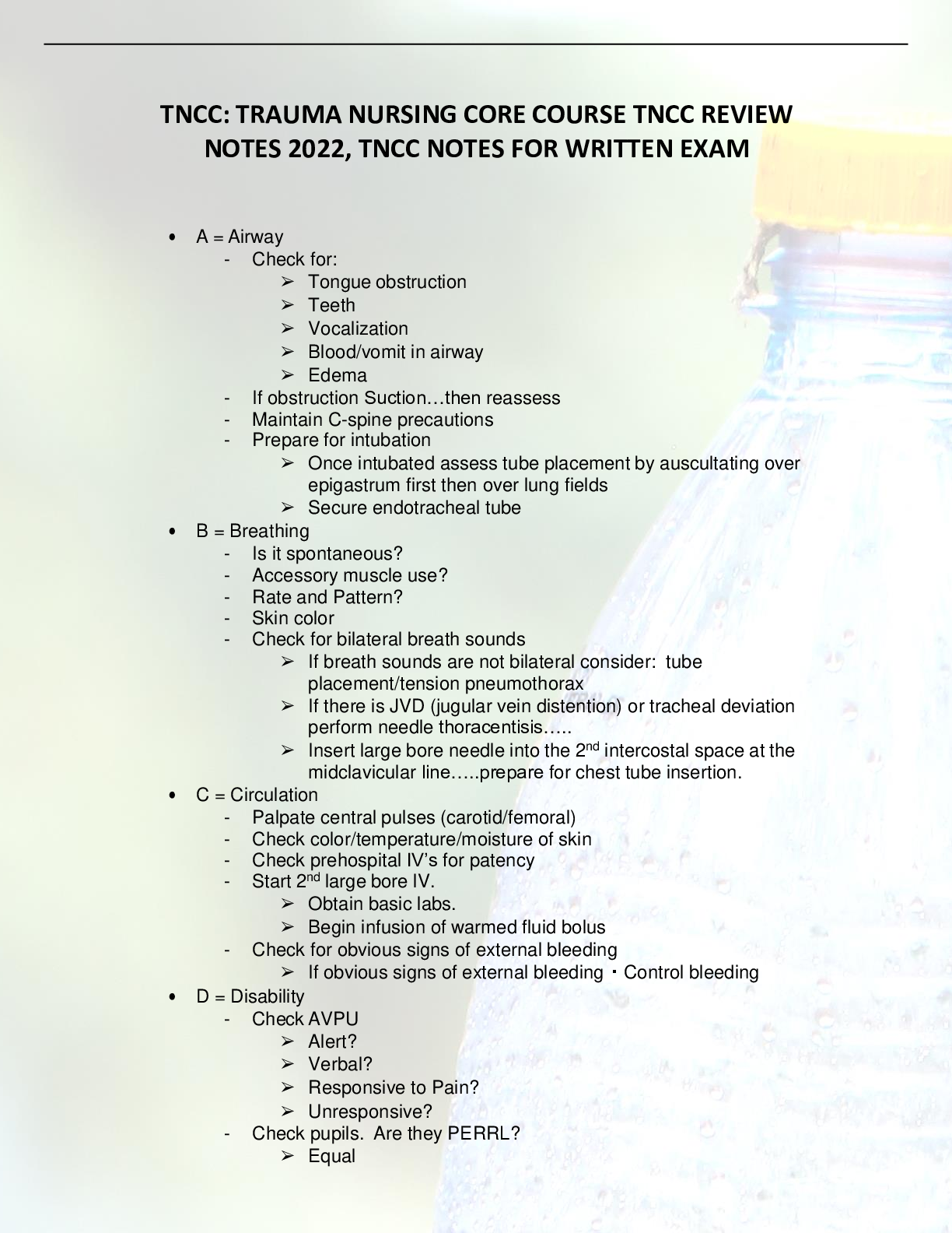 Preview of TNCC: TRAUMA NURSING CORE COURSE TNCC REVIEW NOTES 2022, TNCC NOTES FOR WRITTEN EXAM